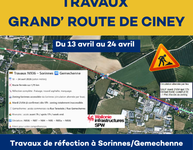 Travaux de réfection SPW – Grand&rsquo;Route de Ciney  du 13 au 24 avril